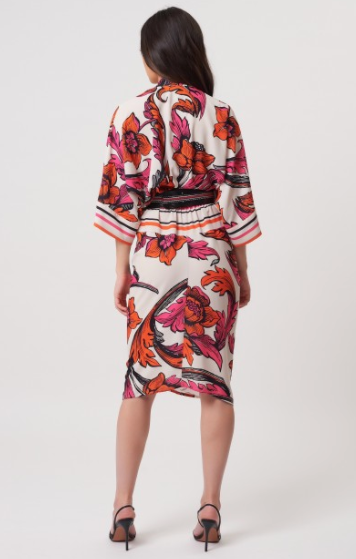 White Orange And Fuchsia Floral Midi Dress